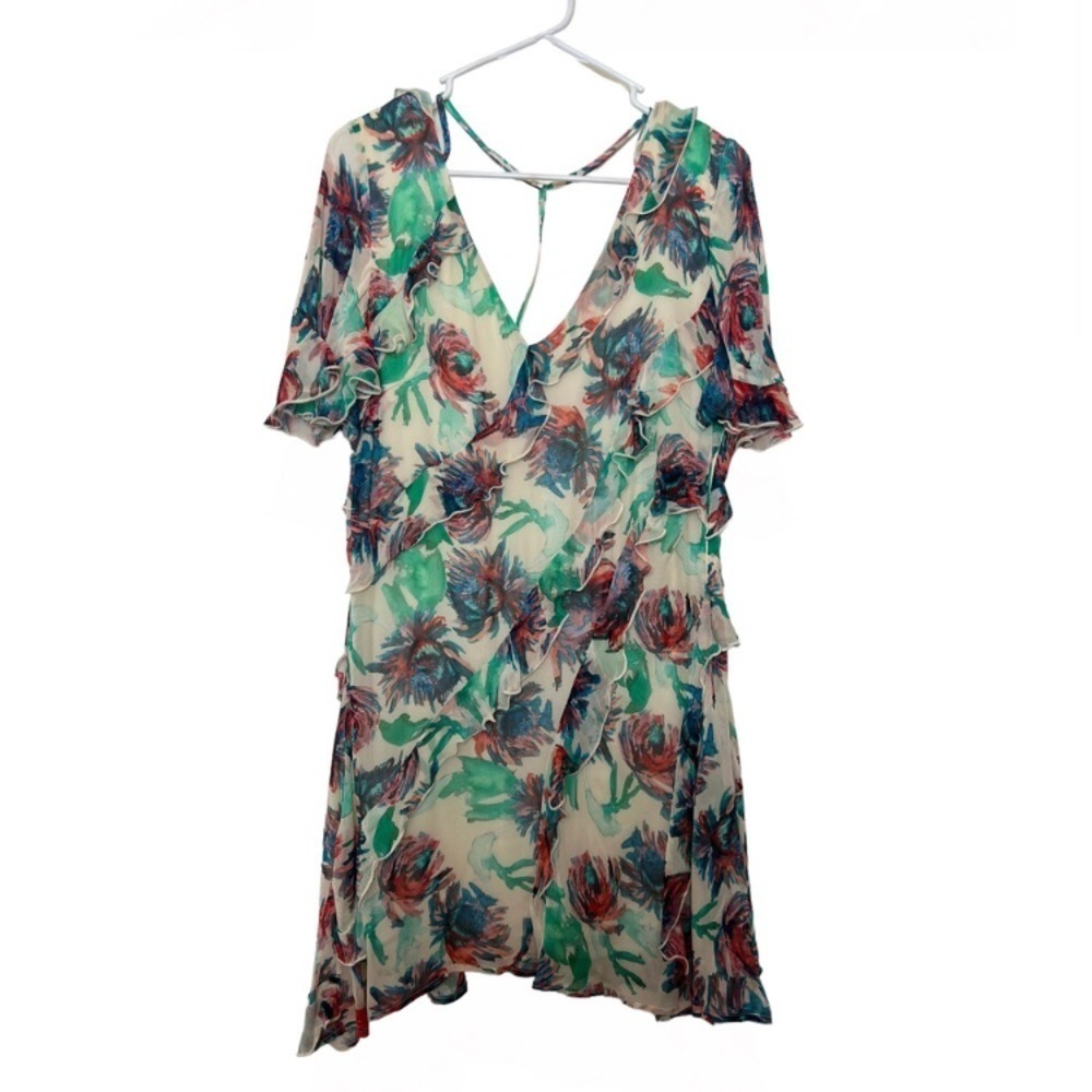 ANTHROPOLOGIE • Watercolor Floral Ruffle Strappy Back Mini Dress - Picture 7 of 16